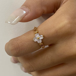 ステンレス304 低ニッケル 水に濡れても錆びにくい 18Kゴールドメッキ リング フラワー 花 ジルコニア 【YJ01970】