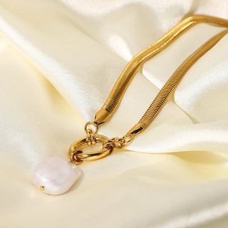ステンレス304 低ニッケル 水に濡れても錆びにくい 18Kゴールドメッキ ネックレス スネークチェーン バロックパール 【YJ01583】