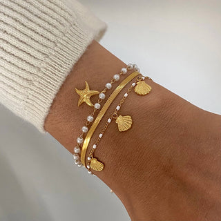 ステンレス304 低ニッケル 水に濡れても錆びにくい 18Kゴールドメッキ ブレスレット シェル 貝殻 ヒトデ 3点セット 【YJ02034】