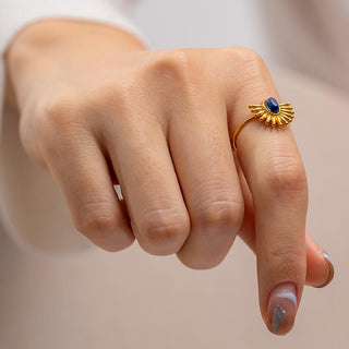 ステンレス304 低ニッケル 水に濡れても錆びにくい 18Kゴールドメッキ リング 太陽 天然石風ストーン 【YJ02210】