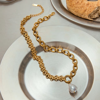 ステンレス304 ニッケルフリー 水に濡れても錆びにくい チャンキー チェーン ネックレス バロックパール 【YJ00232】