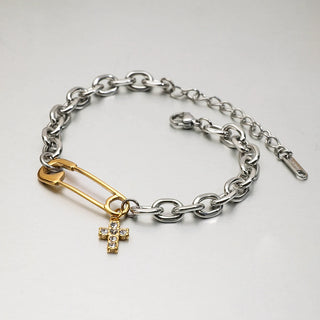 ステンレス304 ニッケルフリー 水に濡れても錆びにくい 18Kゴールドメッキ チェーン ブレスレット ジルコニア 安全ピン ハート クロス 【YJ00198】