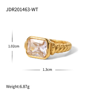 ステンレス304 低ニッケル 水に濡れても錆びにくい 18Kゴールドメッキ リング  ツイスト スクエア ジルコニア 【YJ02871】