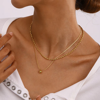 ステンレス304 低ニッケル 水に濡れても錆びにくい 18Kゴールドメッキ ネックレス 2連 チェーン ボール 【YJ02773】