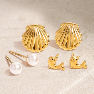 ステンレス304 低ニッケル 水に濡れても錆びにくい 18Kゴールドメッキ ピアス シェル 貝殻 パール 3点セット【YJ01318】