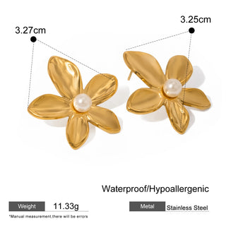 ステンレス304 低ニッケル 水に濡れても錆びにくい 18Kゴールドメッキ ピアス チャンキー フラワー 花 パール 【YJ03708】