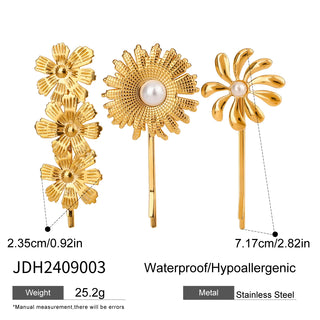 ステンレス304 低ニッケル 水に濡れても錆びにくい 18Kゴールドメッキ ヘアアクセサリー フラワー 花 パール 3点セット【YJ01088】