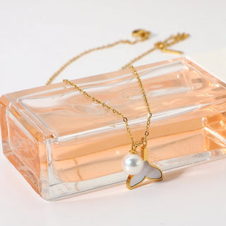 ステンレス304 低ニッケル 水に濡れても錆びにくい 18Kゴールドメッキ ネックレス チェーン シェル マーメイド パール 【YJ01602】