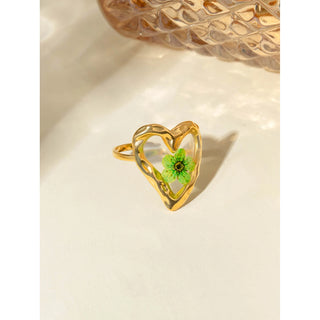 ステンレス304 低ニッケル 水に濡れても錆びにくい 18Kゴールドメッキ リング ハート フラワー 花 レジン【YJ03930】