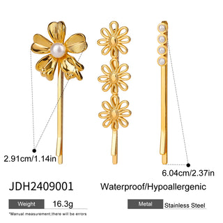 ステンレス304 低ニッケル 水に濡れても錆びにくい 18Kゴールドメッキ ヘアアクセサリー フラワー 花 パール 3点セット【YJ01088】