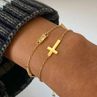ステンレス304 低ニッケル 水に濡れても錆びにくい 18Kゴールドメッキ ブレスレット チャーム クロス 誕生石 【YJ02774】