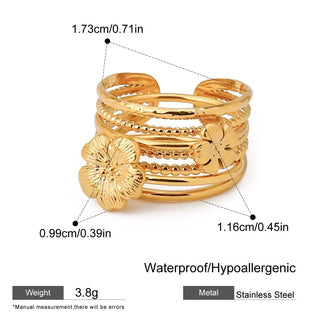 ステンレス304 低ニッケル 水に濡れても錆びにくい 18Kゴールドメッキ リング フラワー 花 3点セット【YJ02710】