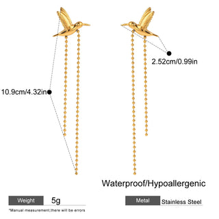 ステンレス304 低ニッケル 水に濡れても錆びにくい 18Kゴールドメッキ ピアス タッセル 鳥 バード【YJ03175】