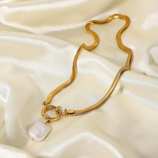 ステンレス304 低ニッケル 水に濡れても錆びにくい 18Kゴールドメッキ ネックレス スネークチェーン バロックパール 【YJ01583】
