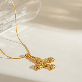ステンレス304 低ニッケル 水に濡れても錆びにくい 18Kゴールドメッキ ネックレス スネークチェーン クロス 薔薇 ローズ 【YJ03139】