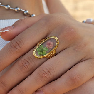 ステンレス304 低ニッケル 水に濡れても錆びにくい 18Kゴールドメッキ リング スクエア フラワー 花 レジン オーバル【YJ03438】