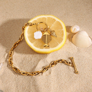 ステンレス304 ニッケルフリー 水に濡れても錆びにくい 18Kゴールドメッキ チェーン ブレスレット 魚 フィッシュ 【YJ00649】