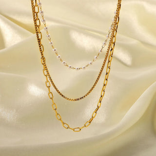 ステンレス304 低ニッケル 水に濡れても錆びにくい 18Kゴールドメッキ ネックレス チェーン 3連 パール 【YJ02617】