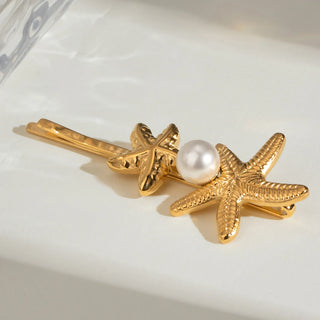 ステンレス304 低ニッケル 水に濡れても錆びにくい 18Kゴールドメッキ ヘアアクセサリー ヒトデ パール 【YJ02825】