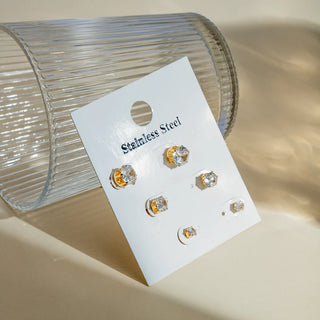 ステンレス304 低ニッケル 水に濡れても錆びにくい 18Kゴールドメッキ ピアス ジルコニア 3点セット【YJ02316】