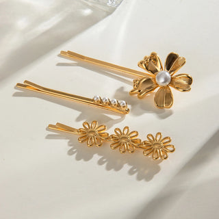 ステンレス304 低ニッケル 水に濡れても錆びにくい 18Kゴールドメッキ ヘアアクセサリー フラワー 花 パール 3点セット【YJ01088】