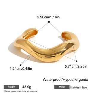 ステンレス304 低ニッケル 水に濡れても錆びにくい 18Kゴールドメッキ ブレスレット チャンキー バングル ウェーブ【YJ02901】