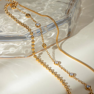 ステンレス304 低ニッケル 水に濡れても錆びにくい 18Kゴールドメッキ ブレスレット 3連 ボールチェーン ジルコニア 【YJ03777】