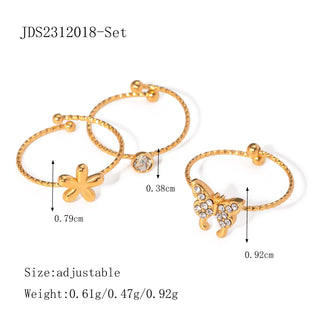ステンレス304 低ニッケル 水に濡れても錆びにくい 18Kゴールドメッキ リング フラワー 花 蝶々 バタフライ3点セット【YJ02466】