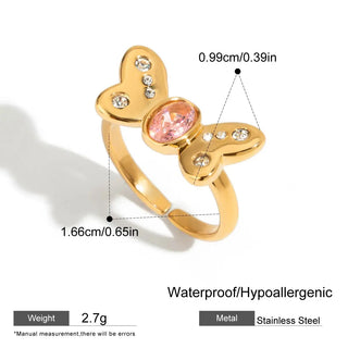 ステンレス304 ニッケルフリー 水に濡れても錆びにくい 18Kゴールドメッキ リング 蝶々 バタフライ ジルコニア 【YJ00919】