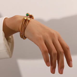 ステンレス304 低ニッケル 水に濡れても錆びにくい 18Kゴールドメッキ ブレスレット ツイスト 天然石風ストーン【YJ02611】