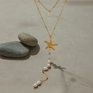 ステンレス304 ニッケルフリー 水に濡れても錆びにくい 18Kゴールドメッキ ネックレス パール ヒトデ 【YJ00433】