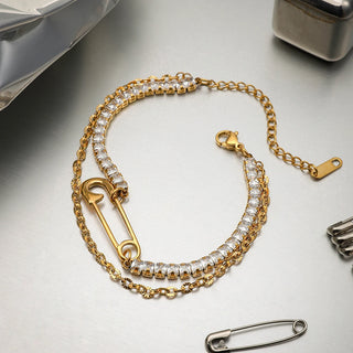 ステンレス304 ニッケルフリー 水に濡れても錆びにくい 18Kゴールドメッキ チェーン ブレスレット ジルコニア 安全ピン ハート クロス 【YJ00198】
