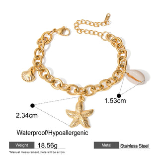 ステンレス304 低ニッケル 水に濡れても錆びにくい 18Kゴールドメッキ ブレスレット チェーン シェル 貝殻 ヒトデ【YJ02688】
