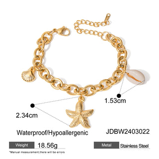ステンレス304 ニッケルフリー 水に濡れても錆びにくい 18Kゴールドメッキ チェーン ブレスレット ヒトデ シェル 貝殻 【YJ00579】