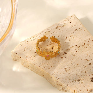 ステンレス304 低ニッケル 水に濡れても錆びにくい 18Kゴールドメッキ リング フラワー 花 エナメル 【YJ01754】