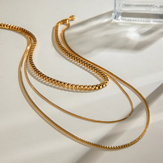 ステンレス304 低ニッケル 水に濡れても錆びにくい 18Kゴールドメッキ ネックレス スネークチェーン 3連【YJ03072】