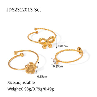 ステンレス304 低ニッケル 水に濡れても錆びにくい 18Kゴールドメッキ リング フラワー 花 蝶々 バタフライ3点セット【YJ02466】