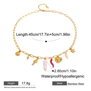 ステンレス304 低ニッケル 水に濡れても錆びにくい 18Kゴールドメッキ ネックレス シェル 貝殻 ヒトデ パール 【YJ01685】