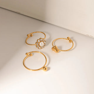 ステンレス304 低ニッケル 水に濡れても錆びにくい 18Kゴールドメッキ リング ハート フラワー 花 クリスタル ジルコニア 3点セット【YJ02318】