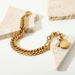 ステンレス304 低ニッケル 水に濡れても錆びにくい 18Kゴールドメッキ ブレスレット シェル 貝殻【YJ01695】