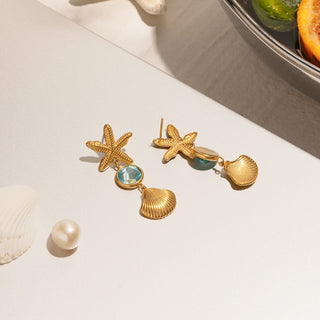 ステンレス304 ニッケルフリー 水に濡れても錆びにくい 18Kゴールドメッキ ピアス ヒトデ シェル 貝殻 ジルコニア【YJ00831】