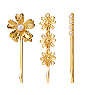 ステンレス304 低ニッケル 水に濡れても錆びにくい 18Kゴールドメッキ ヘアアクセサリー フラワー 花 パール 3点セット【YJ01088】