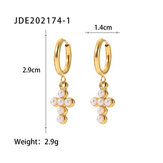 ステンレス304 低ニッケル 水に濡れても錆びにくい 18Kゴールドメッキ ピアス フープ クロス ジルコニア パール 【YJ03495】