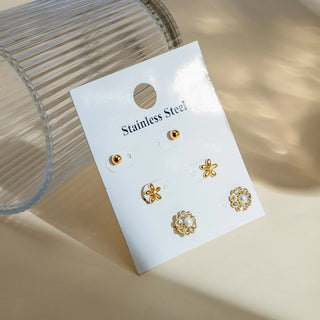 ステンレス304 低ニッケル 水に濡れても錆びにくい 18Kゴールドメッキ ピアス フラワー 花 ジルコニア 3点セット【YJ02295】