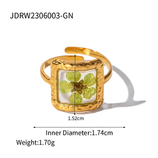 ステンレス304 低ニッケル 水に濡れても錆びにくい 18Kゴールドメッキ リング スクエア フラワー 花 【YJ03603】