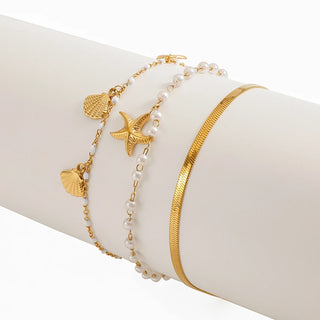 ステンレス304 低ニッケル 水に濡れても錆びにくい 18Kゴールドメッキ ブレスレット シェル 貝殻 ヒトデ 3点セット 【YJ02034】