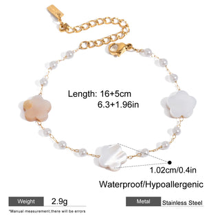 ステンレス304 低ニッケル 水に濡れても錆びにくい 18Kゴールドメッキ ブレスレット シェル フラワー 花 パール 【YJ02843】