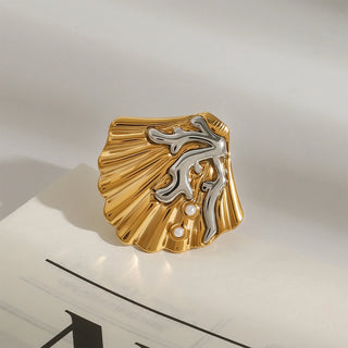 ステンレス304 低ニッケル 水に濡れても錆びにくい 18Kゴールドメッキ リング シェル 貝殻 【YJ02993】