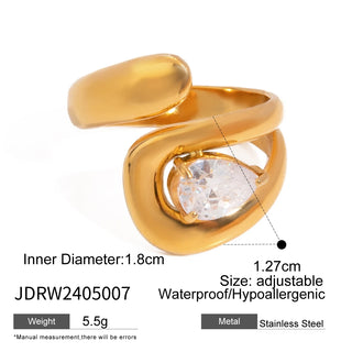 ステンレス304 低ニッケル 水に濡れても錆びにくい 18Kゴールドメッキ リング ティアドロップ ジルコニア 【YJ03855】