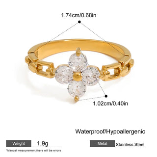 ステンレス304 低ニッケル 水に濡れても錆びにくい 18Kゴールドメッキ リング フラワー 花 ジルコニア 【YJ01970】